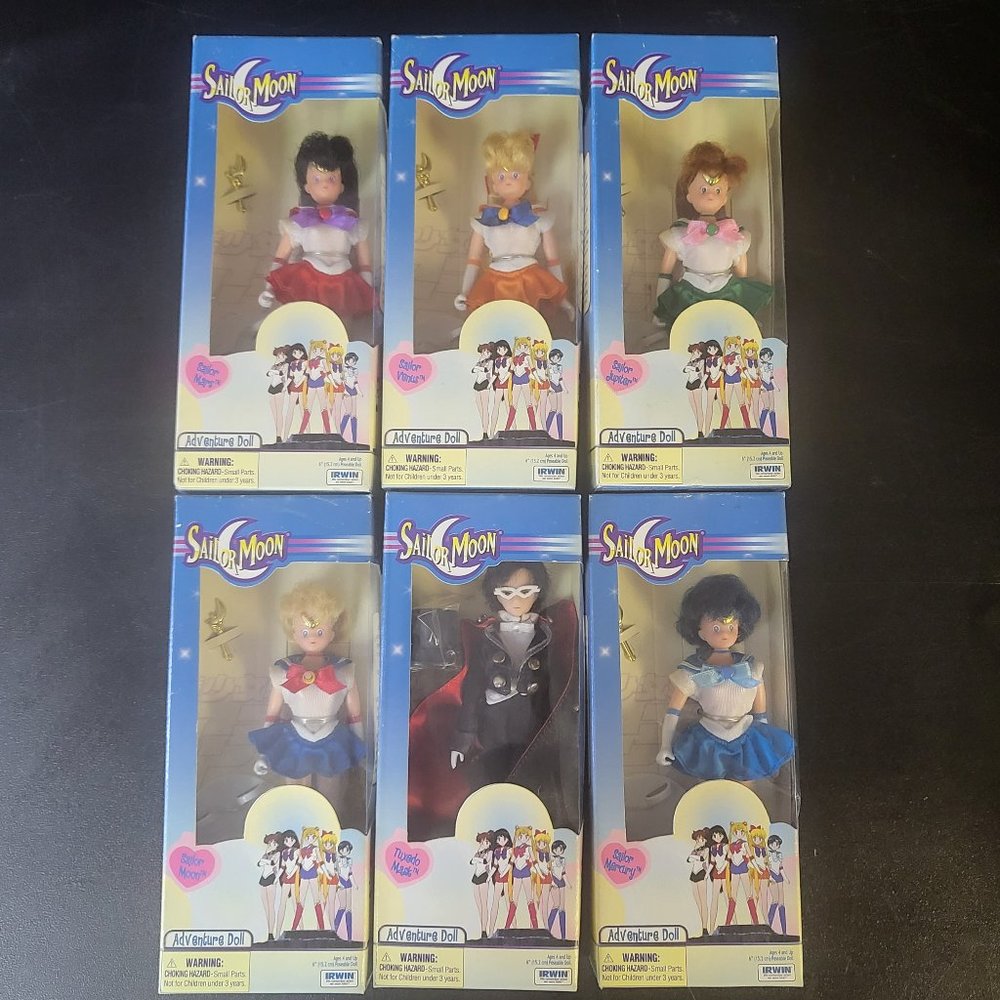 Lot of 6 Sailor Moon 6" Irwin Dolls Sailor Moon & 4 Sailor Scouts W/Tuxedo Mask